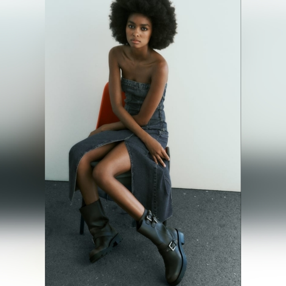 Zara Strapless Dark Gray Denim Midi Dress - Picture 5 of 12